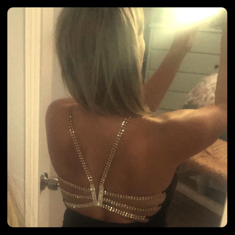 Black drape neck top with double rhinestones